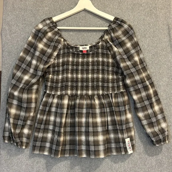 NEW Tommy Jeans | Smocked Peplum Long Sleeve Women Top Med Plaid Olive - Picture 6 of 13